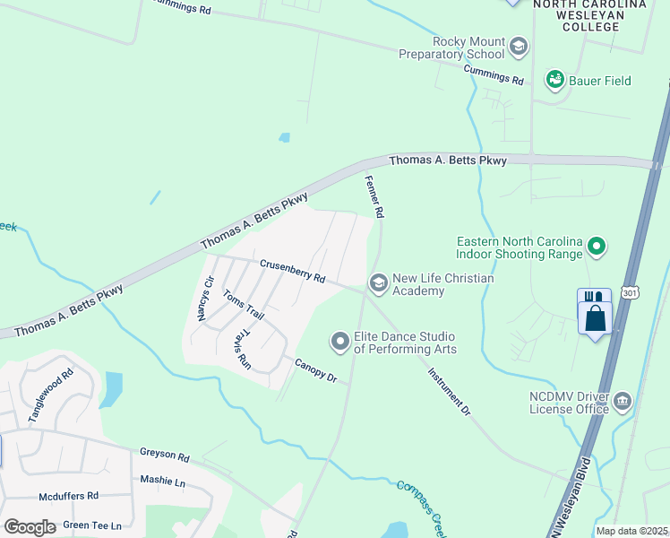 map of restaurants, bars, coffee shops, grocery stores, and more near Instrument Drive in Rocky Mount