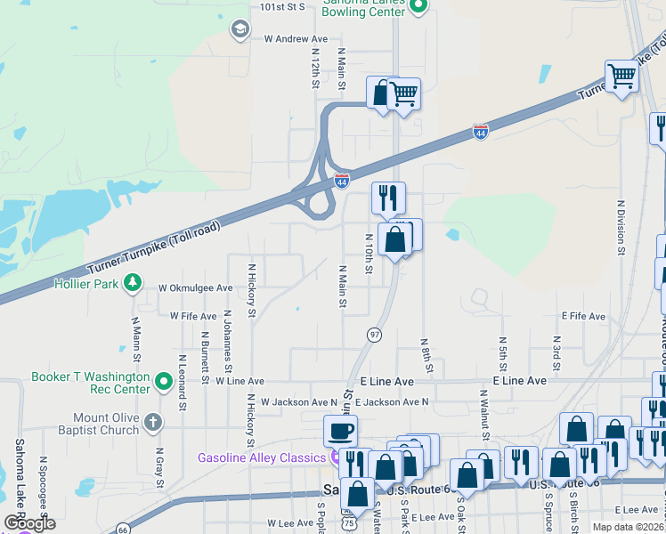 map of restaurants, bars, coffee shops, grocery stores, and more near 721 North 12th Street in Sapulpa