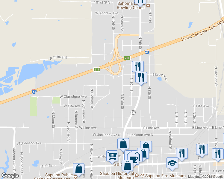map of restaurants, bars, coffee shops, grocery stores, and more near 721 North 12th Street in Sapulpa