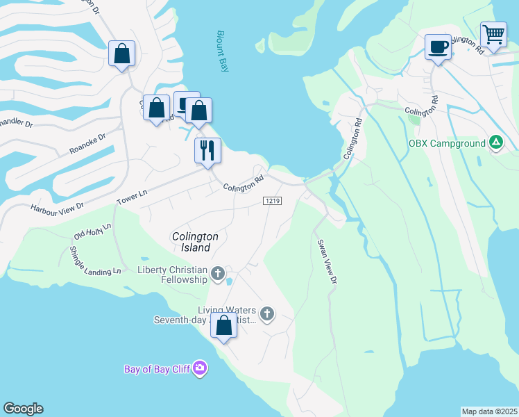 map of restaurants, bars, coffee shops, grocery stores, and more near 107-115 E Swan Ct in Kill Devil Hills