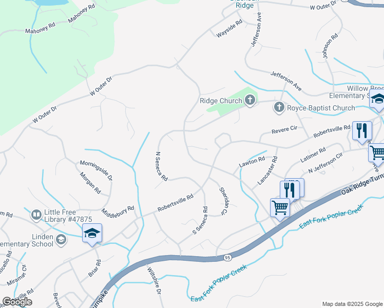 map of restaurants, bars, coffee shops, grocery stores, and more near 226 Louisiana Avenue in Oak Ridge