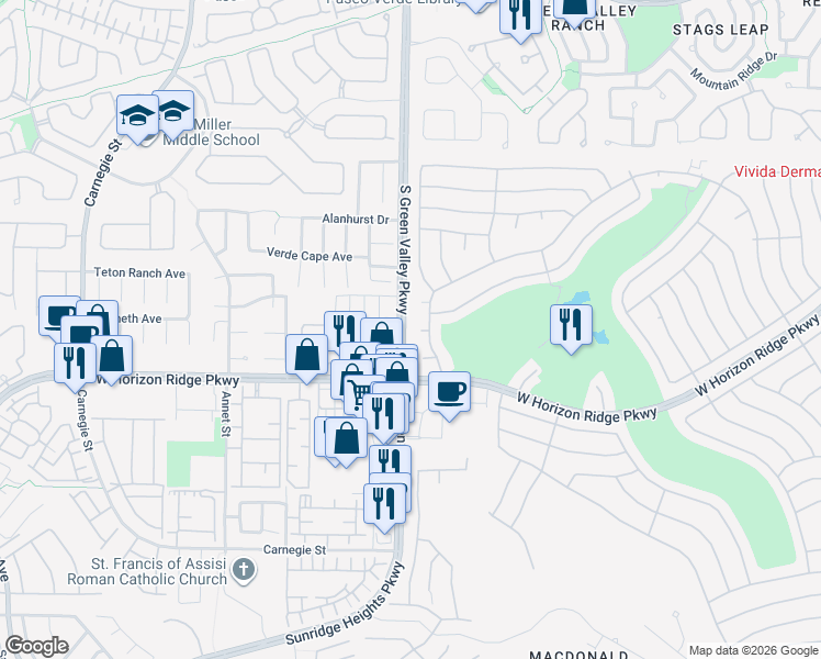 map of restaurants, bars, coffee shops, grocery stores, and more near 491 Lace Haven Court in Henderson