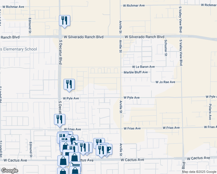 map of restaurants, bars, coffee shops, grocery stores, and more near 4365-4899 West Le Baron Avenue in Enterprise