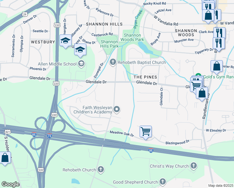 map of restaurants, bars, coffee shops, grocery stores, and more near 4409 Rehobeth Church Road in Greensboro