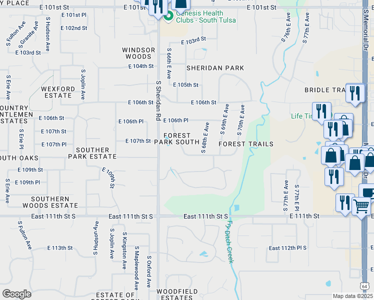 map of restaurants, bars, coffee shops, grocery stores, and more near 10728 South 66th East Avenue in Tulsa