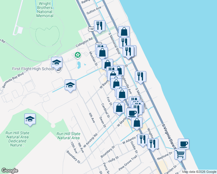 map of restaurants, bars, coffee shops, grocery stores, and more near 804 Blue Jay Street in Kill Devil Hills