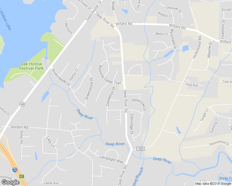 map of restaurants, bars, coffee shops, grocery stores, and more near 2682 Dandelion Drive in High Point