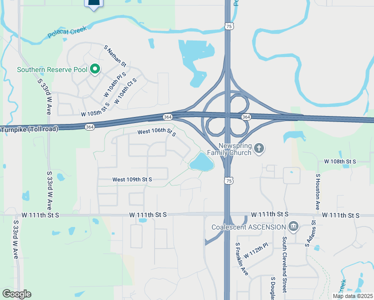 map of restaurants, bars, coffee shops, grocery stores, and more near 3506 West 106th Street South in Jenks