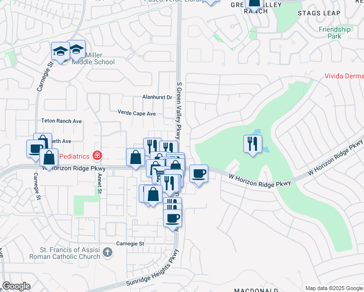 map of restaurants, bars, coffee shops, grocery stores, and more near 491 Lace Haven Court in Henderson