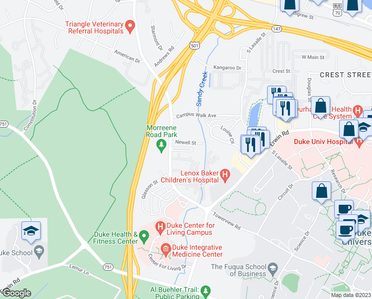 map of restaurants, bars, coffee shops, grocery stores, and more near 1011 Morreene Road in Durham