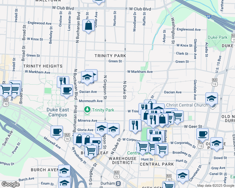 map of restaurants, bars, coffee shops, grocery stores, and more near 907 Dacian Avenue in Durham