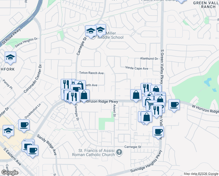 map of restaurants, bars, coffee shops, grocery stores, and more near 525 Via Ernesto in Henderson