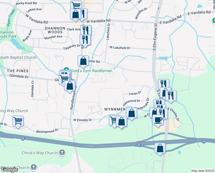 map of restaurants, bars, coffee shops, grocery stores, and more near 214 Shoffner Court in Greensboro