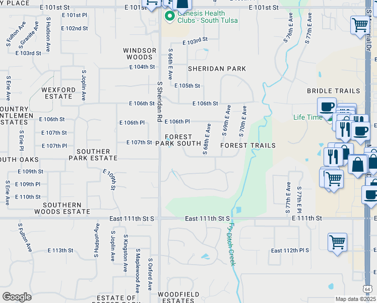 map of restaurants, bars, coffee shops, grocery stores, and more near 10728 South 66th East Avenue in Tulsa