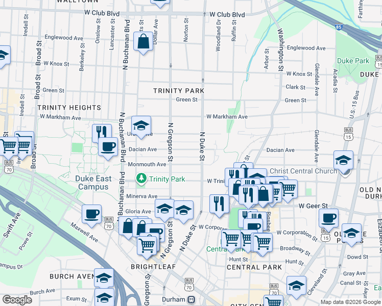map of restaurants, bars, coffee shops, grocery stores, and more near 907 Dacian Avenue in Durham