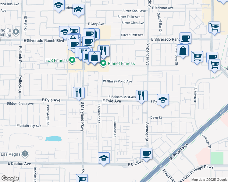 map of restaurants, bars, coffee shops, grocery stores, and more near 10046 South Daybreak Dew Court in Las Vegas