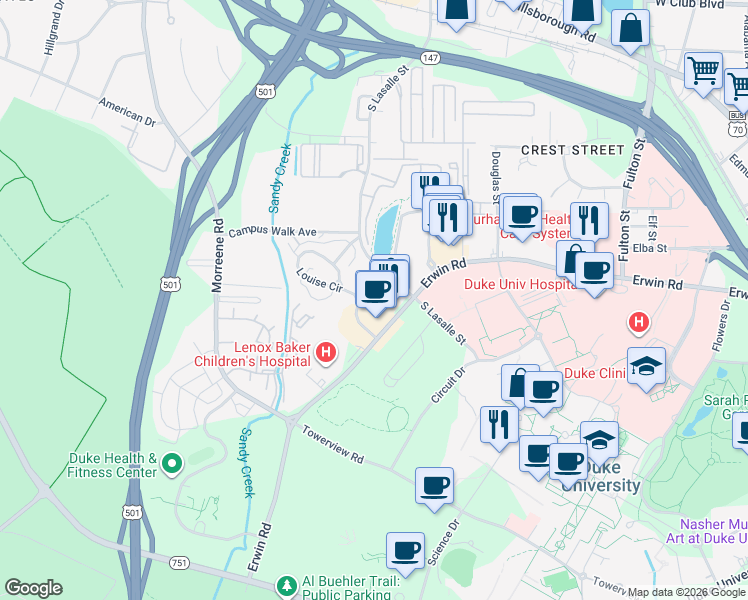 map of restaurants, bars, coffee shops, grocery stores, and more near 2814 Erwin Road in Durham
