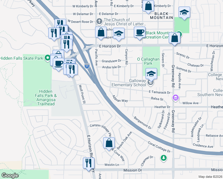 map of restaurants, bars, coffee shops, grocery stores, and more near 120 East Tamarack Drive in Henderson