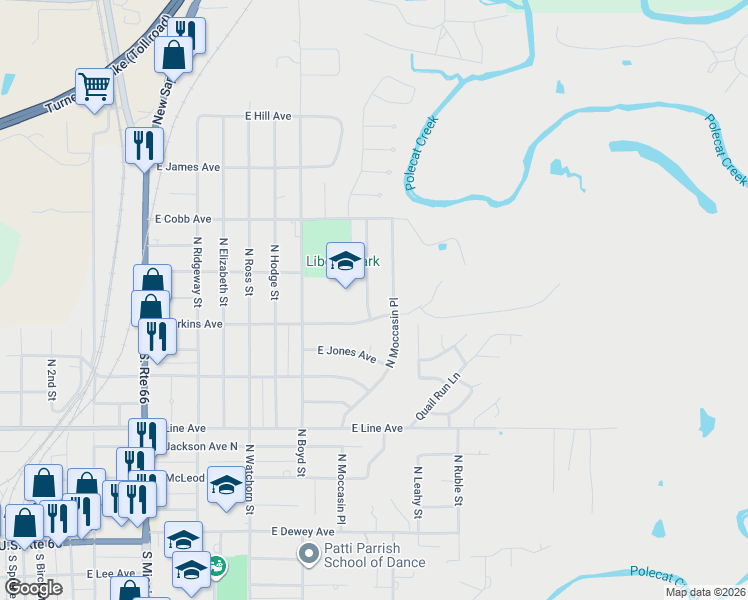 map of restaurants, bars, coffee shops, grocery stores, and more near 716 North Moccasin Place in Sapulpa
