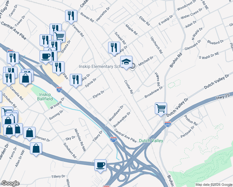 map of restaurants, bars, coffee shops, grocery stores, and more near 4502 Fennel Road in Knoxville