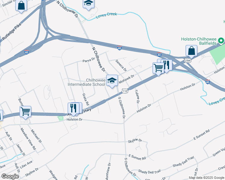 map of restaurants, bars, coffee shops, grocery stores, and more near 5005 Asheville Highway in Knoxville