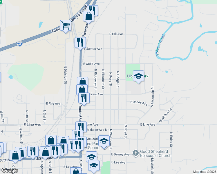 map of restaurants, bars, coffee shops, grocery stores, and more near 610 N Ross St in Sapulpa