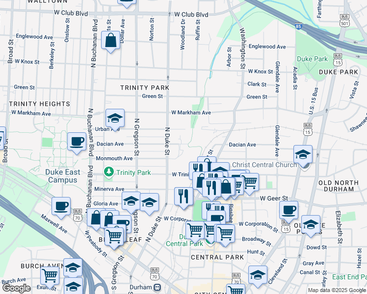 map of restaurants, bars, coffee shops, grocery stores, and more near 815 Dacian Avenue in Durham