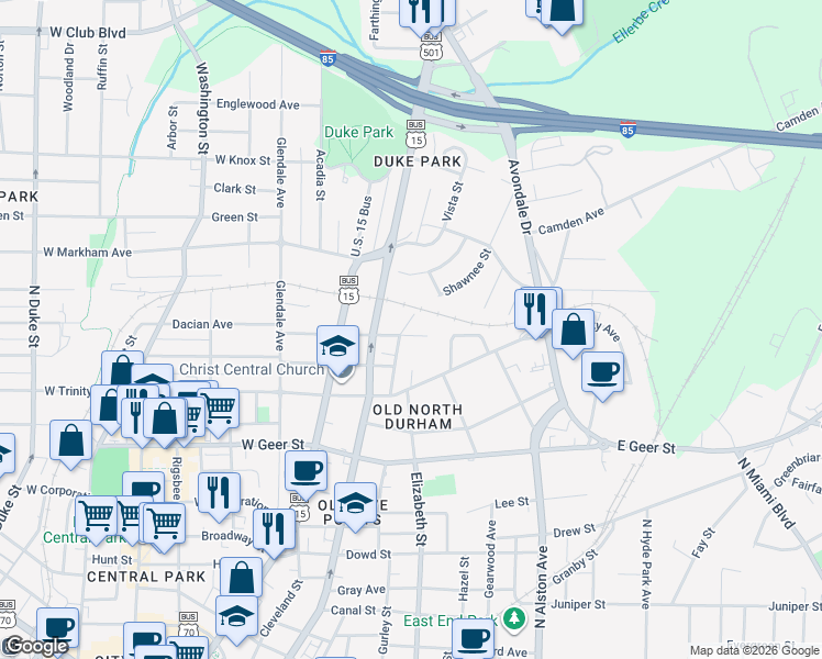 map of restaurants, bars, coffee shops, grocery stores, and more near 203 East Lynch Street in Durham