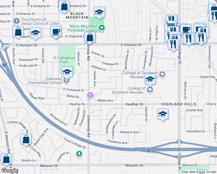 map of restaurants, bars, coffee shops, grocery stores, and more near 439 Sunburst Drive in Henderson