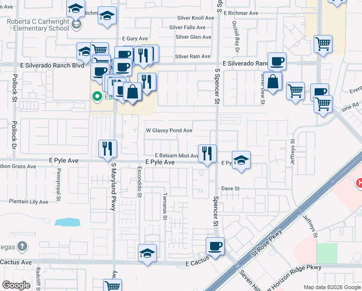 map of restaurants, bars, coffee shops, grocery stores, and more near 10048 North Dragonfly Wing Street in Las Vegas