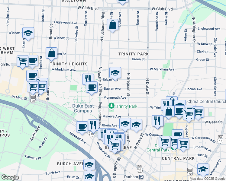 map of restaurants, bars, coffee shops, grocery stores, and more near 1025 Dacian Avenue in Durham