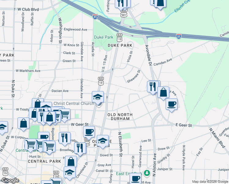 map of restaurants, bars, coffee shops, grocery stores, and more near 203 East Lynch Street in Durham