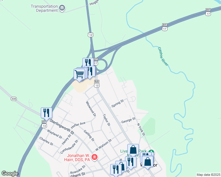 map of restaurants, bars, coffee shops, grocery stores, and more near 1102 Broad Street in Windsor