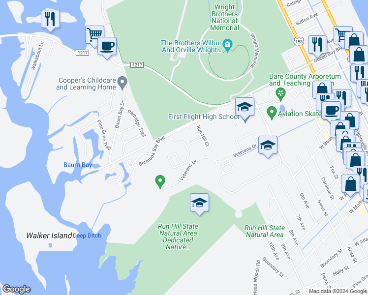 map of restaurants, bars, coffee shops, grocery stores, and more near 1109C Cambridge Road in Kill Devil Hills