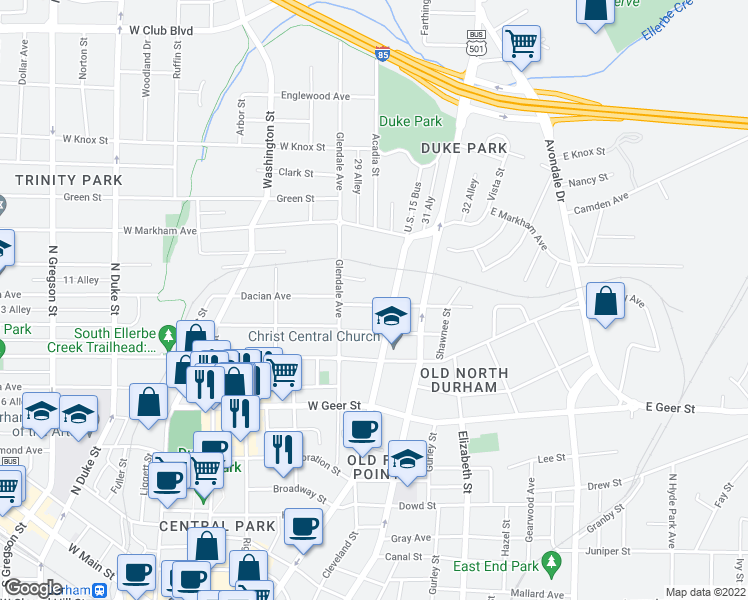map of restaurants, bars, coffee shops, grocery stores, and more near 108 West Lynch Street in Durham