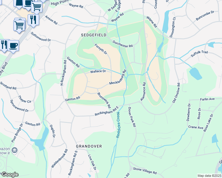 map of restaurants, bars, coffee shops, grocery stores, and more near 5501 Mecklenburg Road in Greensboro