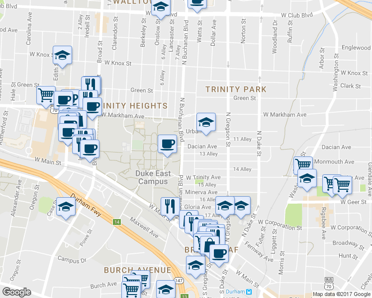 map of restaurants, bars, coffee shops, grocery stores, and more near 512 North Buchanan Boulevard in Durham