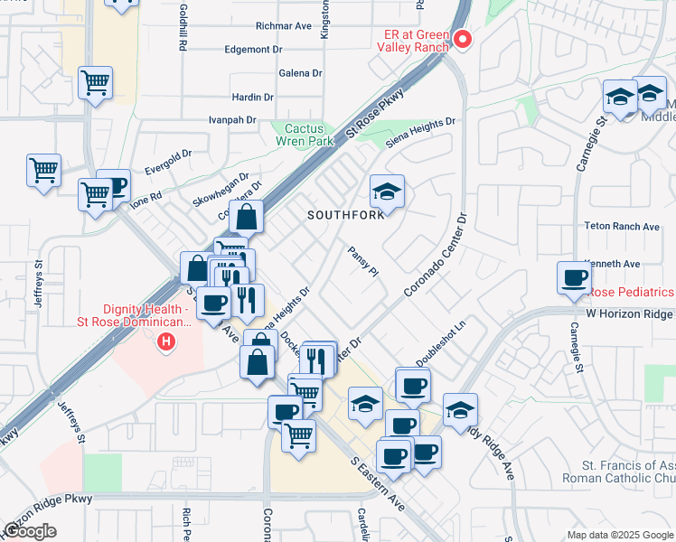 map of restaurants, bars, coffee shops, grocery stores, and more near 2687 Park Creek Lane in Henderson