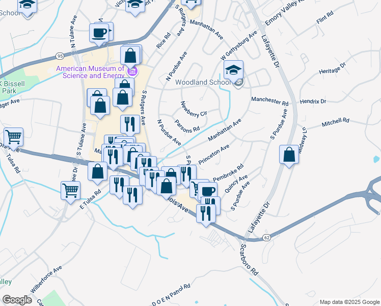map of restaurants, bars, coffee shops, grocery stores, and more near 242 South Purdue Avenue in Oak Ridge