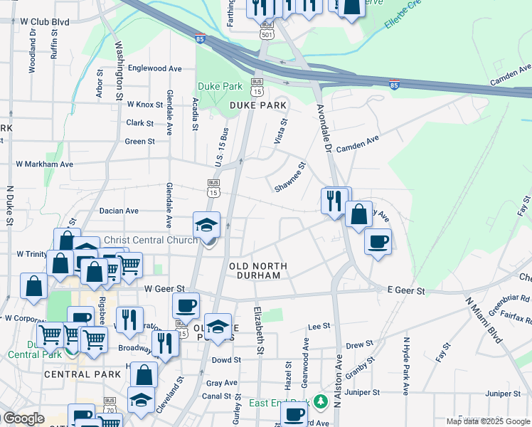 map of restaurants, bars, coffee shops, grocery stores, and more near 215 East Lynch Street in Durham