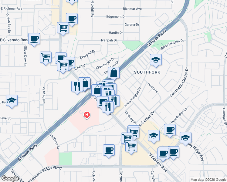 map of restaurants, bars, coffee shops, grocery stores, and more near 2875 St Rose Pkwy in Henderson