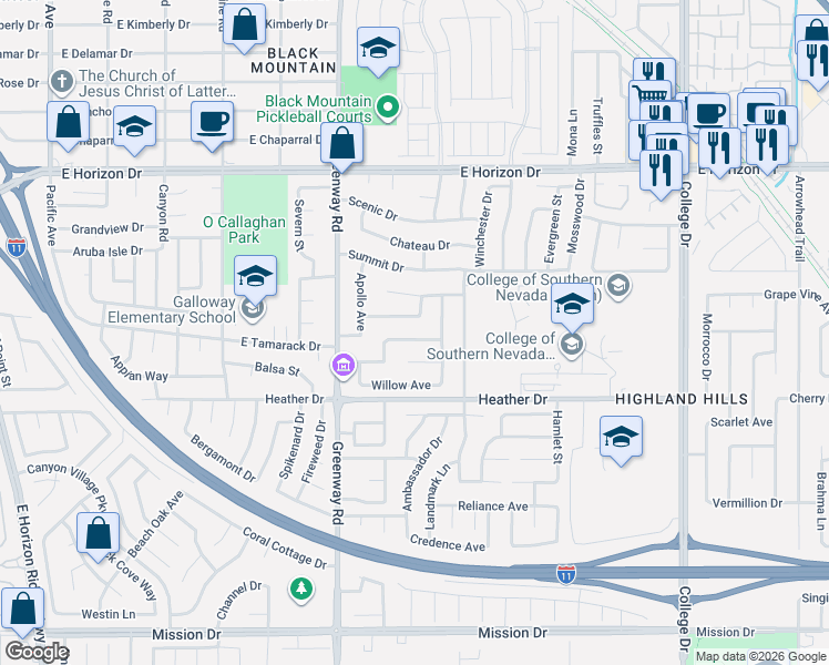 map of restaurants, bars, coffee shops, grocery stores, and more near 441 Sunburst Drive in Henderson