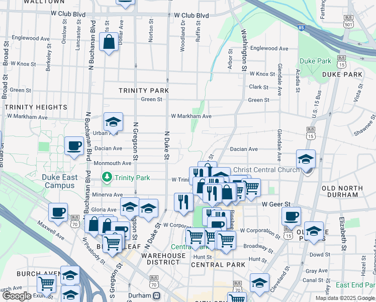 map of restaurants, bars, coffee shops, grocery stores, and more near 815 Dacian Avenue in Durham