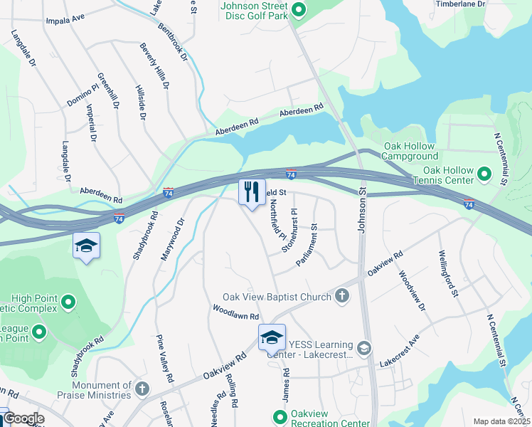map of restaurants, bars, coffee shops, grocery stores, and more near 3613 Northfield Place in High Point