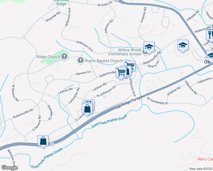 map of restaurants, bars, coffee shops, grocery stores, and more near 140 Latimer Road in Oak Ridge