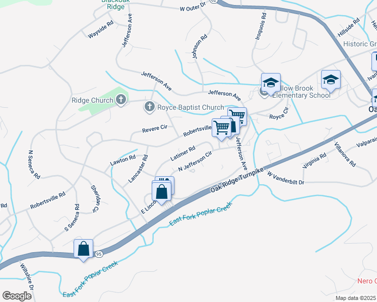 map of restaurants, bars, coffee shops, grocery stores, and more near 140 Latimer Road in Oak Ridge