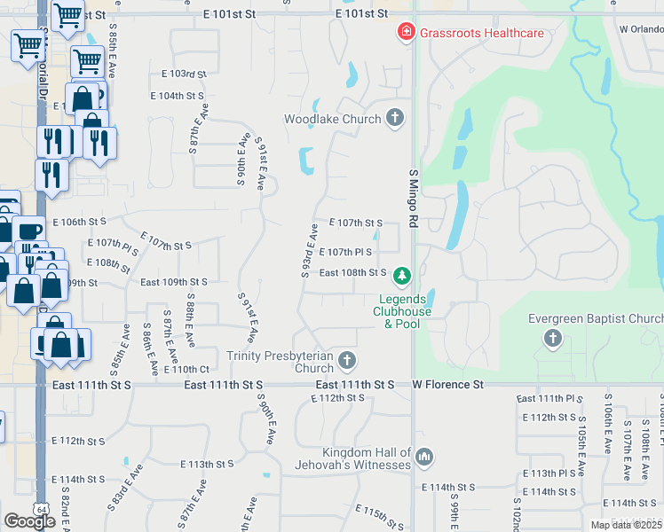 map of restaurants, bars, coffee shops, grocery stores, and more near 9409 East 108th Street South in Tulsa