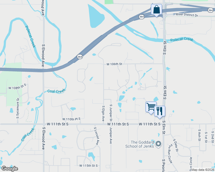 map of restaurants, bars, coffee shops, grocery stores, and more near 10724 South Elgin Avenue in Jenks