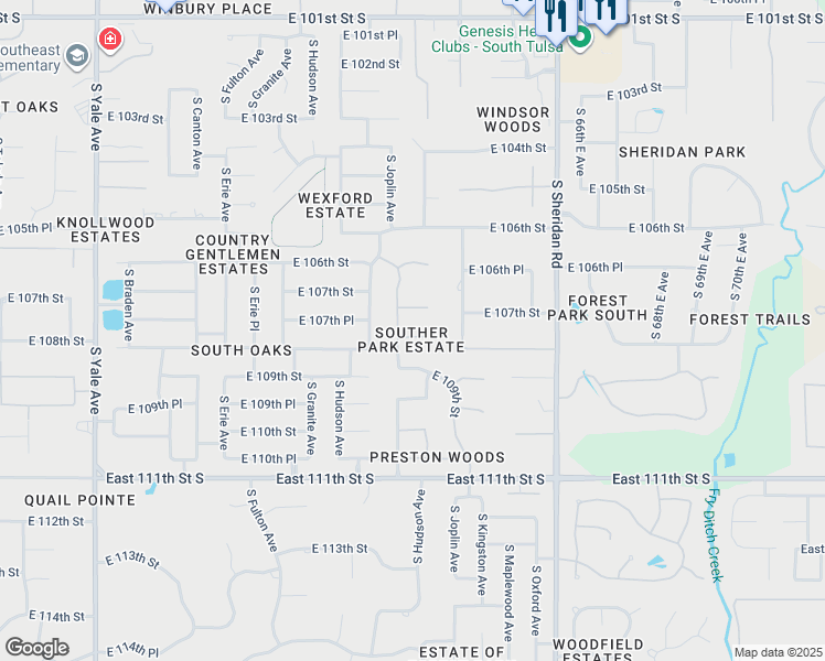 map of restaurants, bars, coffee shops, grocery stores, and more near 5907 East 108th Street South in Tulsa