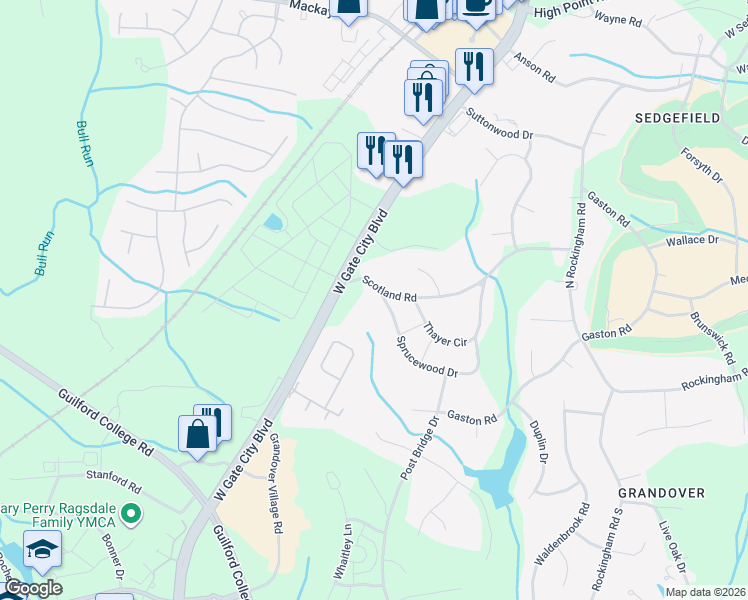 map of restaurants, bars, coffee shops, grocery stores, and more near 2121 Sprucewood Drive in Greensboro